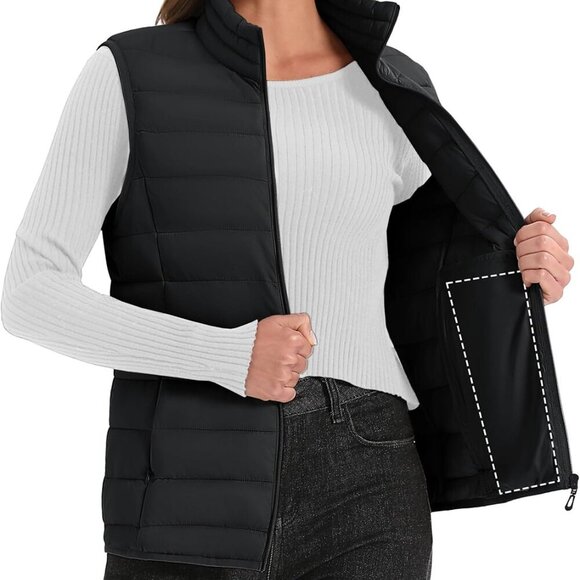 Women's Puffer Vest Lightweight Stand Collar Zip 4 Pockets Puffy Vests Sleeveles - Picture 4 of 6